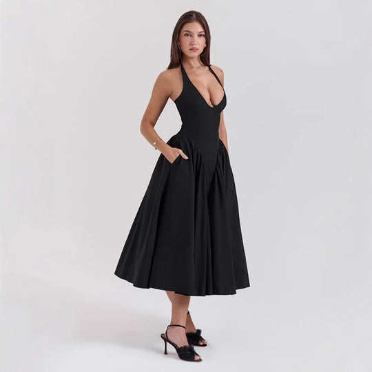 Damen nan figurschmeichelndes Neckholder-Bustier-Midikleid mit taillierter Miederform und weitem Tellerrock R&B