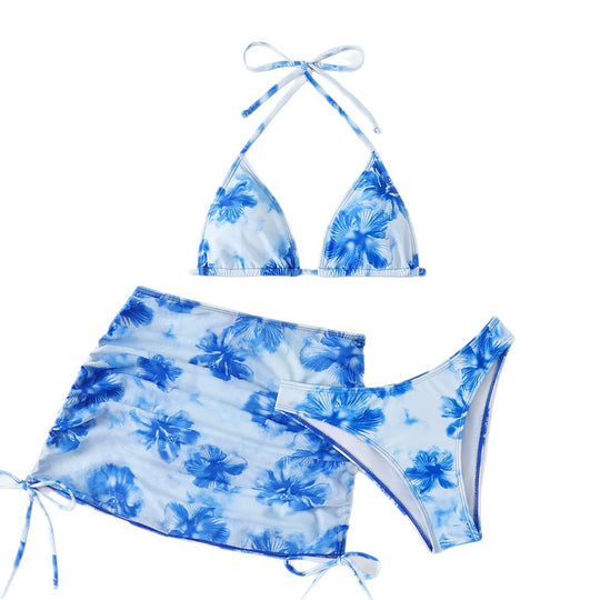 Damen Triangel-Bikini-Set mit verstellbaren Trägern und floralem Wickelrock R&B