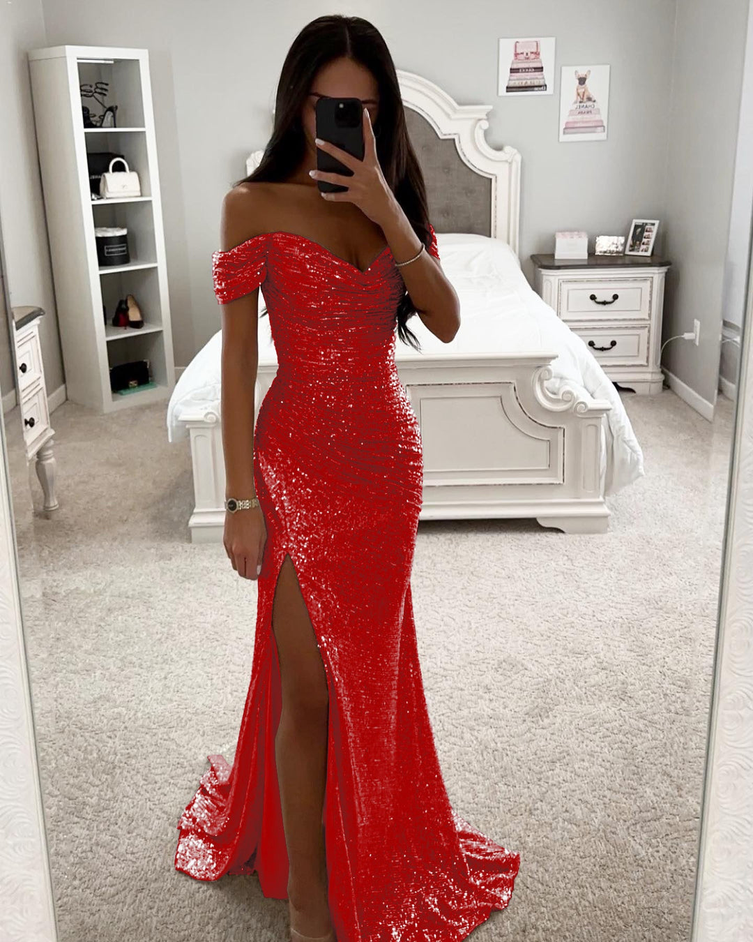 Damen Glamouröses Abendkleid mit schulterfreiem Schnitt und schimmerndem Stoff R&B