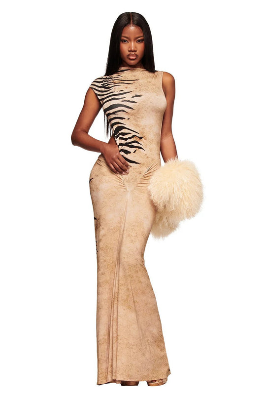 Damen Elegantes Maxikleid mit asymmetrischem Schnitt und Tiermotiv R&B