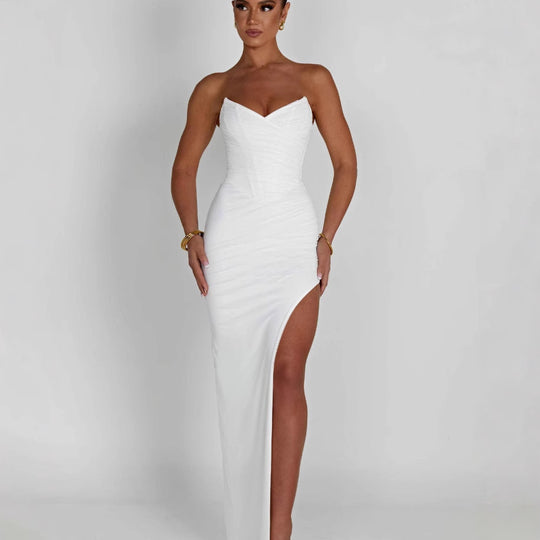 Damen Elegantes Wickelkleid mit schulterfreiem Design und hohem Schlitz R&B