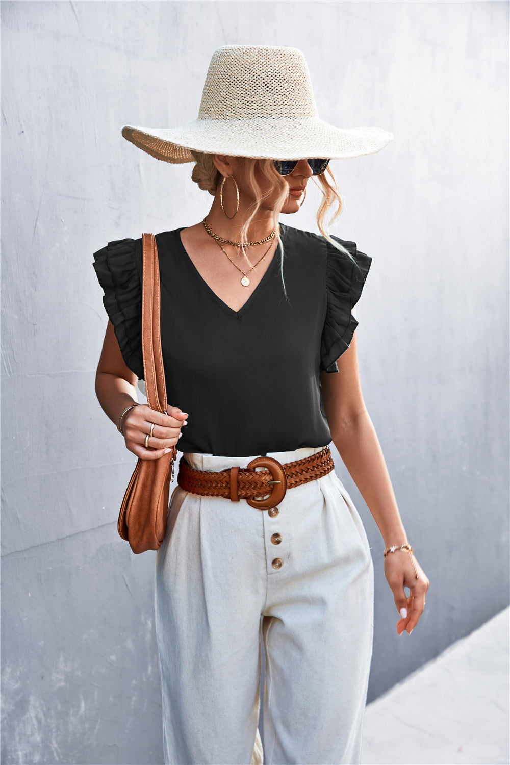Damen Bluse mit voluminösen Rüschensäumen und V-Ausschnitt R&B