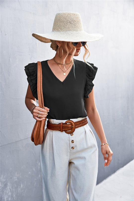 Damen Bluse mit voluminösen Rüschensäumen und V-Ausschnitt R&B