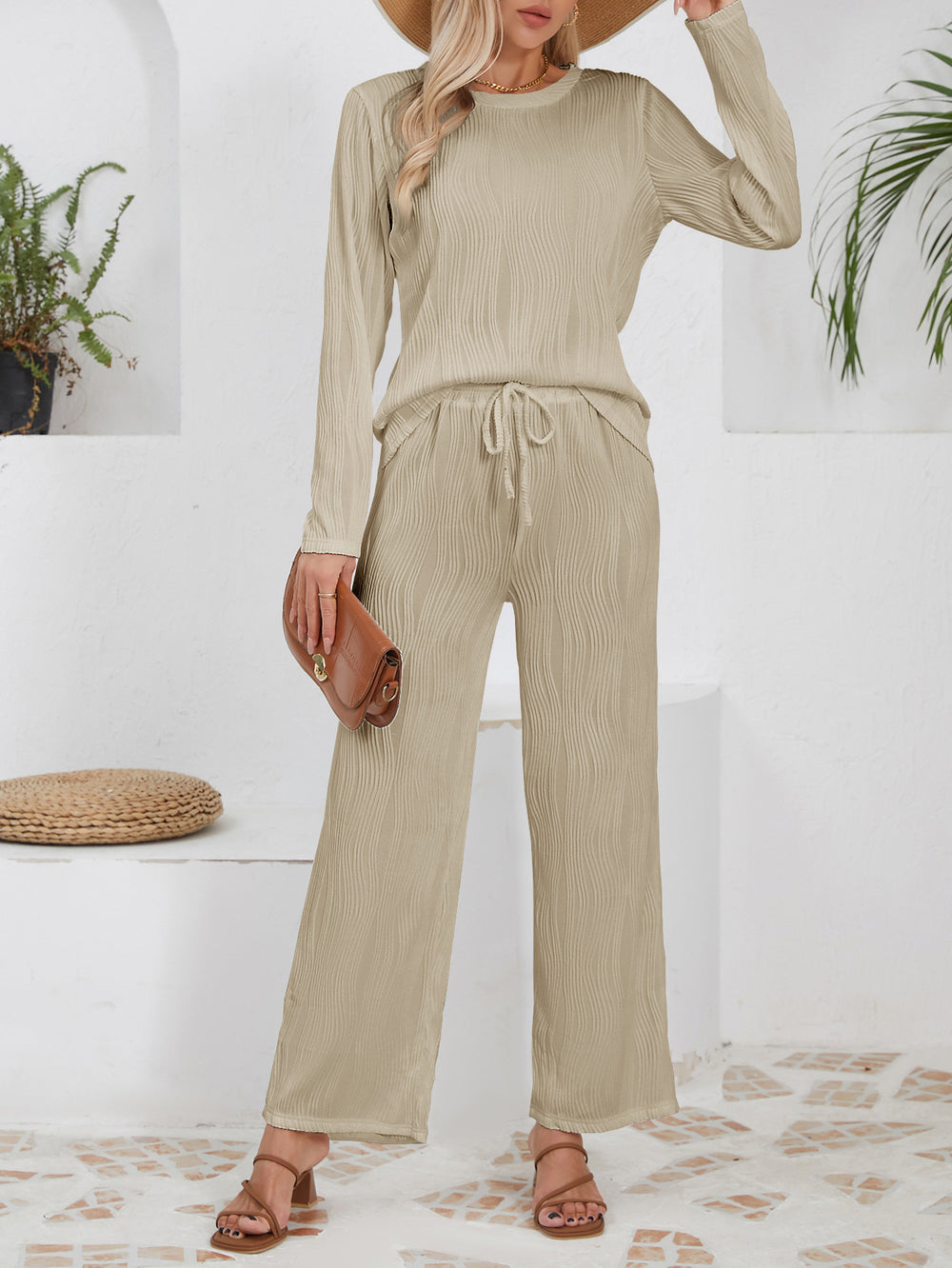 Damen lässiges Jogginganzug mit strukturiertem Material und hohem Bund R&B