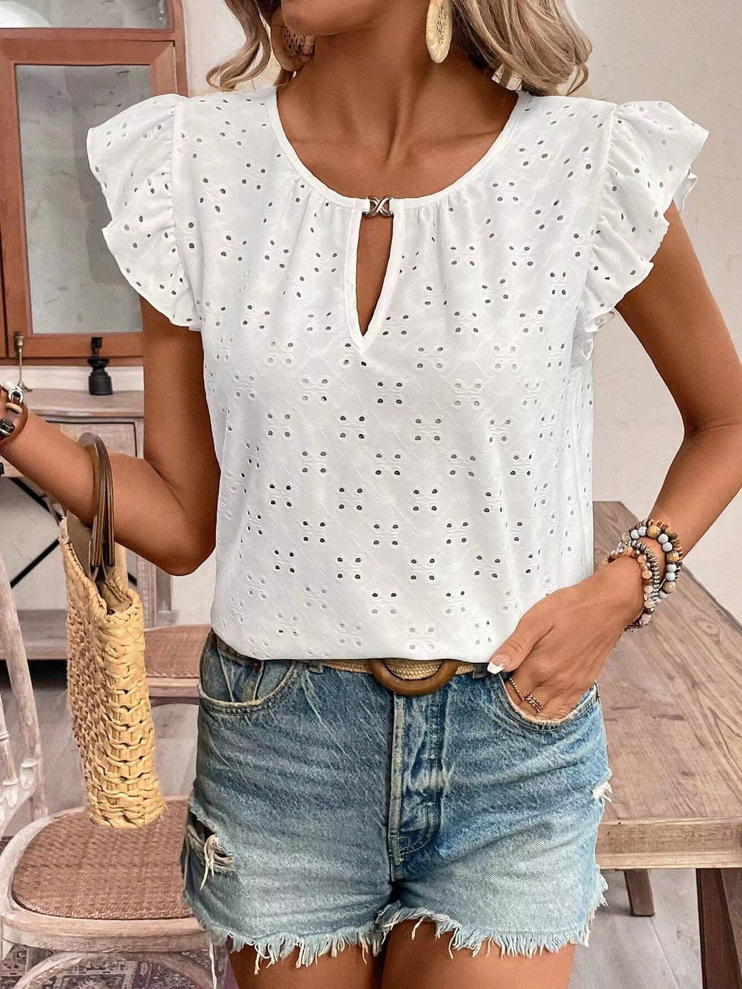 Damen Bluse mit Rüschendetails und verspieltem Lochmuster R&B