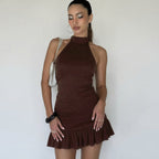 Damen Kleid mit hohem Kragen und Rüschenabschluss R&B