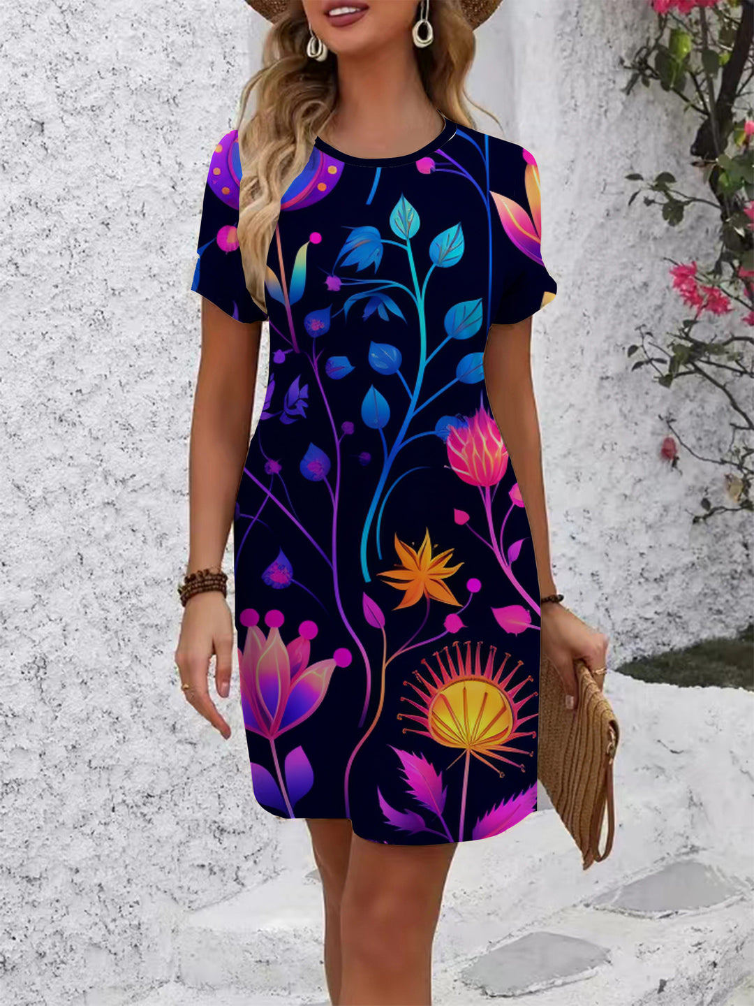 Damen lässiges T-Shirt Kleid mit buntem Blumenmuster und bequemem Schnitt R&B