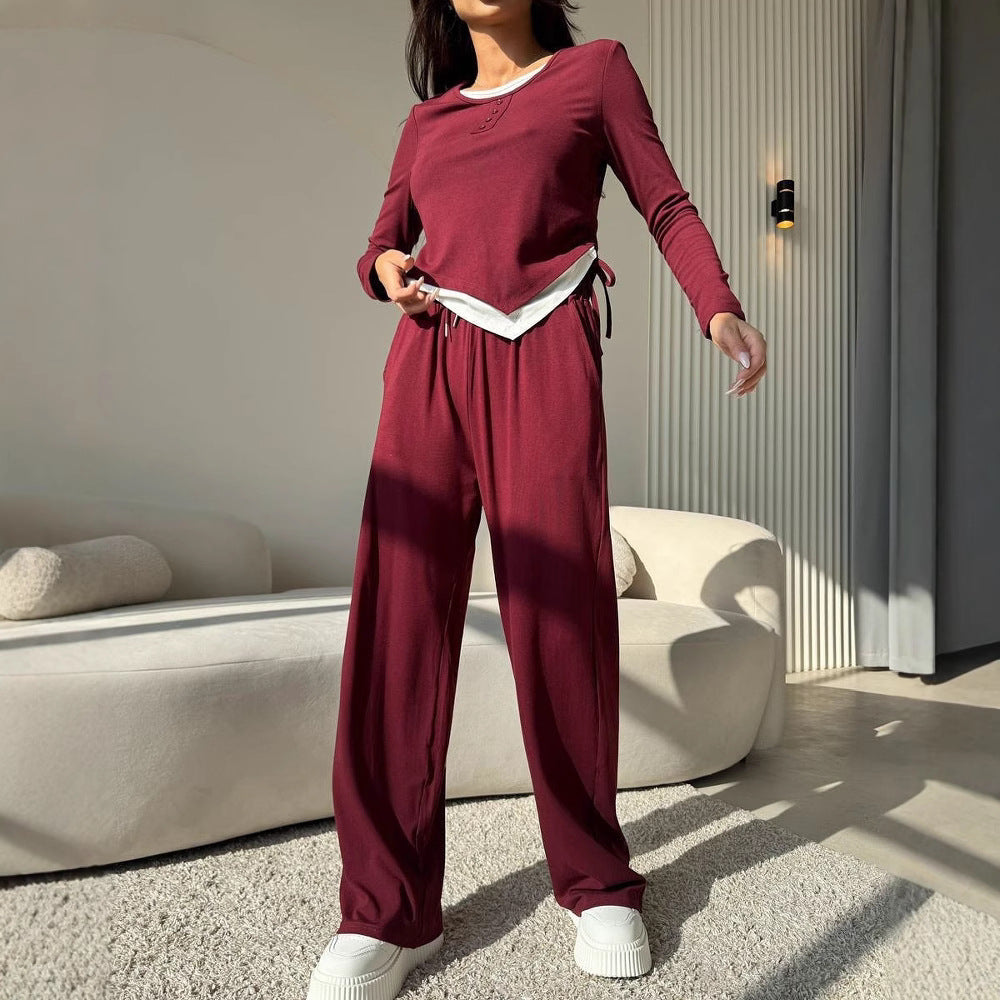 Damen lässiges Freizeit-Set mit Knopfdetails und elastischem Bund R&B