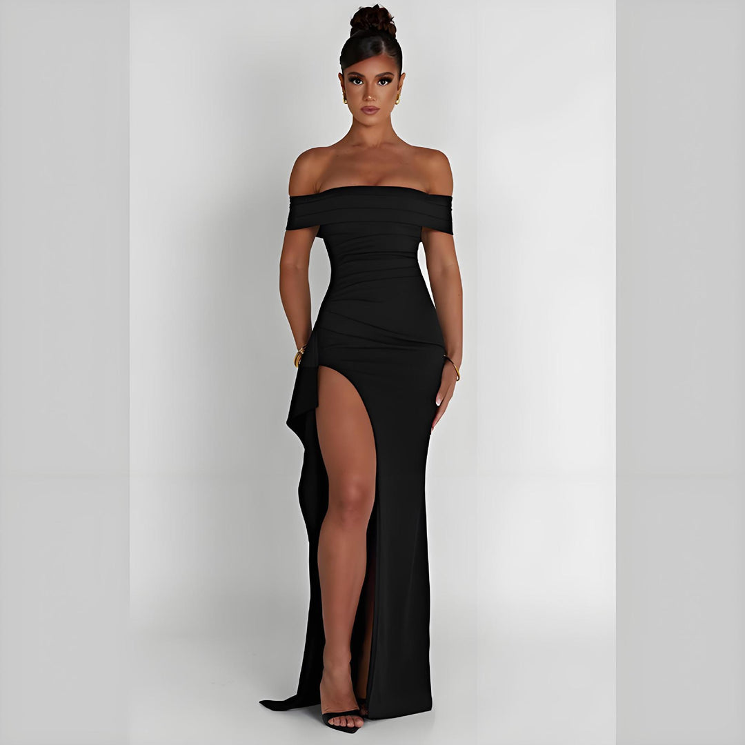 Damen Off-Shoulder Maxikleid mit elegantem Schlitz und figurformendem Schnitt R&B