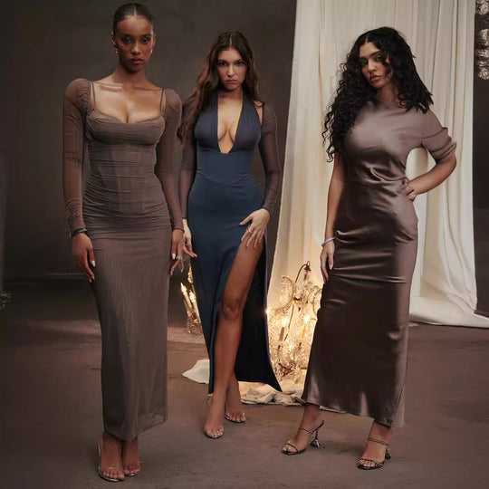 Damen Elegantes Maxikleid mit transparenten Ärmeln R&B