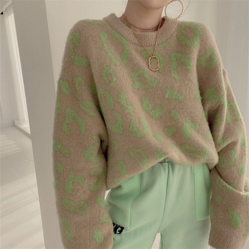 Damen Flauschiger Leopardenmuster Pullover R&B