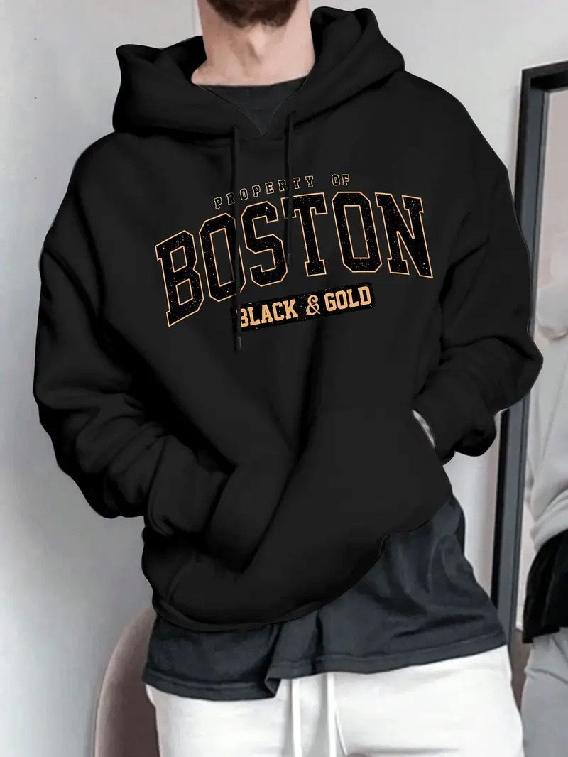 Herren Kapuzensweater mit auffälligem Boston-Print und weicher Innenseite