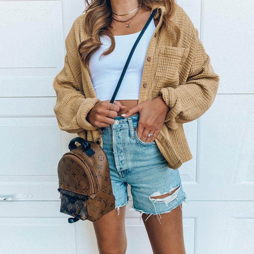 Damen lässige Waffelstruktur Bluse mit Knopfleiste und lockerer Passform R&B