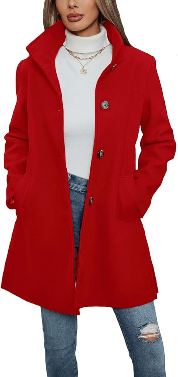 Damen Eleganter Wollmantel mit Hochgeschlossenem Kragen und Praktischen Taschen R&B