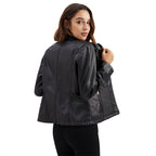 Damen nan taillierte Bikerjacke aus Kunstleder mit Stepppaneelen und Stehkragen R&B