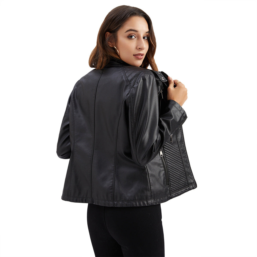 Damen nan taillierte Bikerjacke aus Kunstleder mit Stepppaneelen und Stehkragen R&B