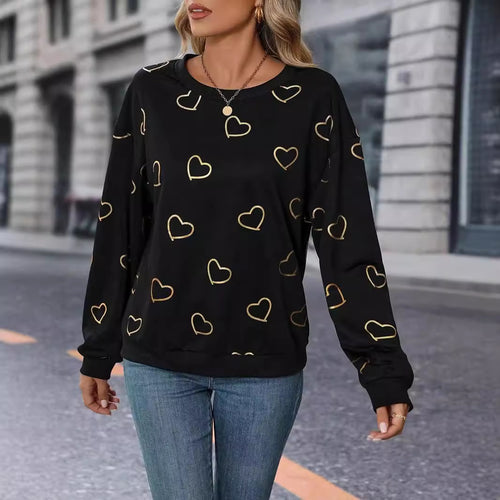 Damen nan lockeres Herzprint-Sweatshirt mit Rundhalsausschnitt und Rippbündchen R&B