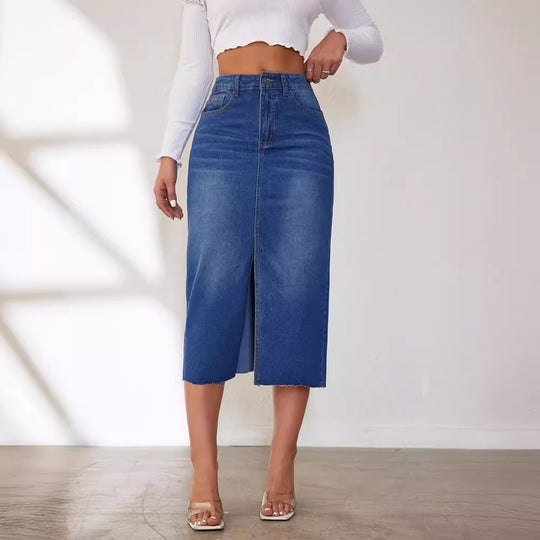 Damen Jeansrock mit hoher Taille und seitlichem Schlitz R&B