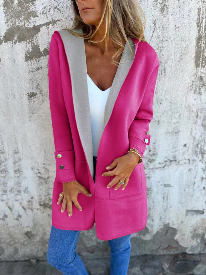 Damen modische Longjacke mit großzügiger Kapuze und praktischen Taschen R&B
