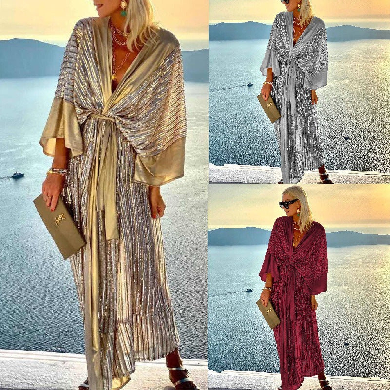 Damen Glitzerndes Maxikleid mit elegantem Wickeldesign und fließenden Ärmeln R&B