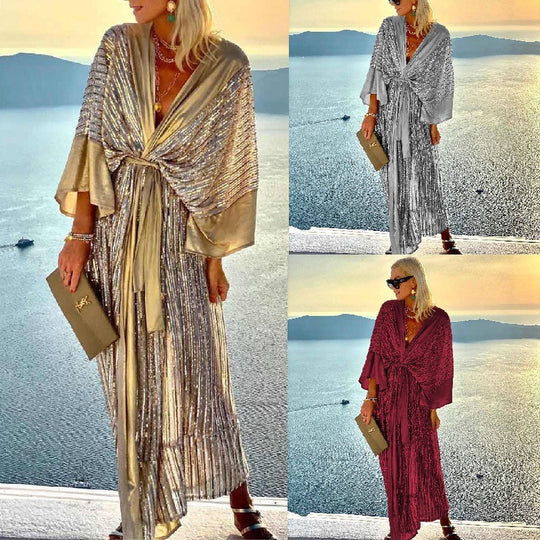 Damen Glitzerndes Maxikleid mit elegantem Wickeldesign und fließenden Ärmeln R&B