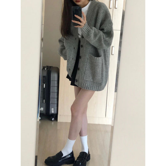 Damen Grobstrick Cardigan mit Taschen und tiefem V-Ausschnitt R&B