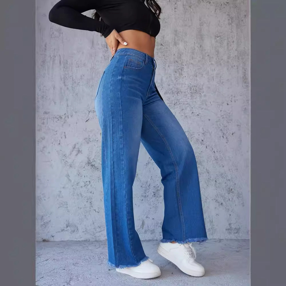 Damen Hochtaillierte Mom-Jeans mit lässigem Schnitt und fransigem Saum R&B