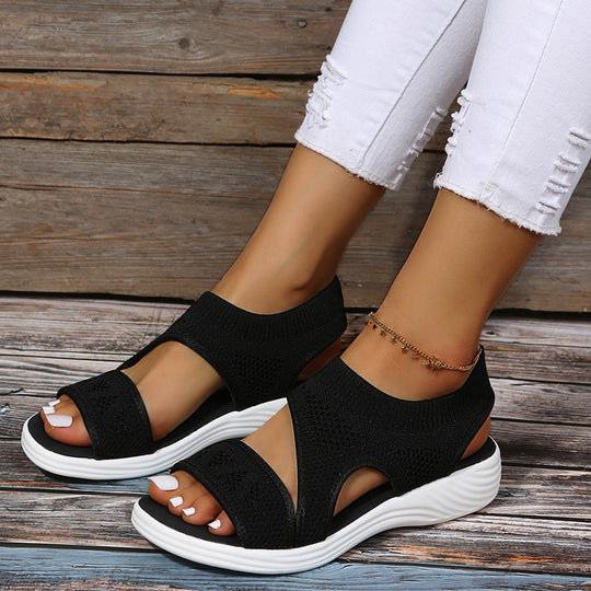 Damen Komfortable Keil-Sandalen mit atmungsaktivem Strickdesign und elastischen Riemen R&B