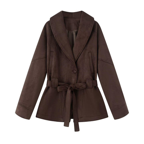 Damen elegante Jacke mit Taillengürtel und modernem Kragen R&B