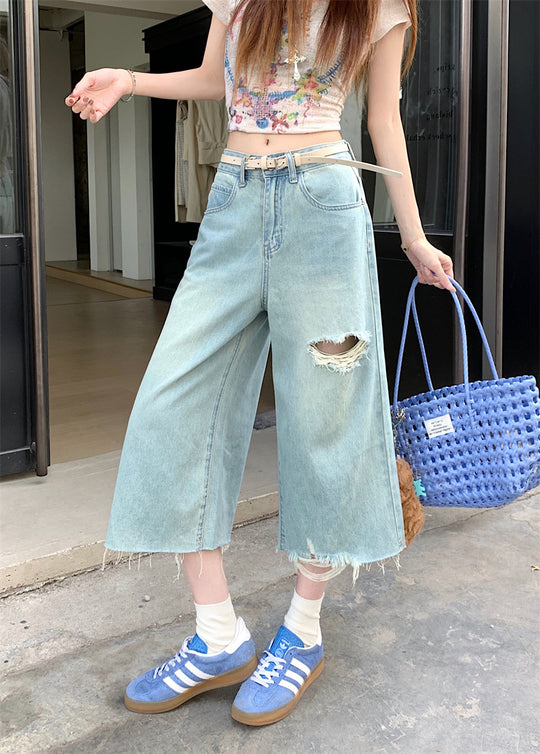 Damen Weite Denim-Hosen mit Rissdetails R&B