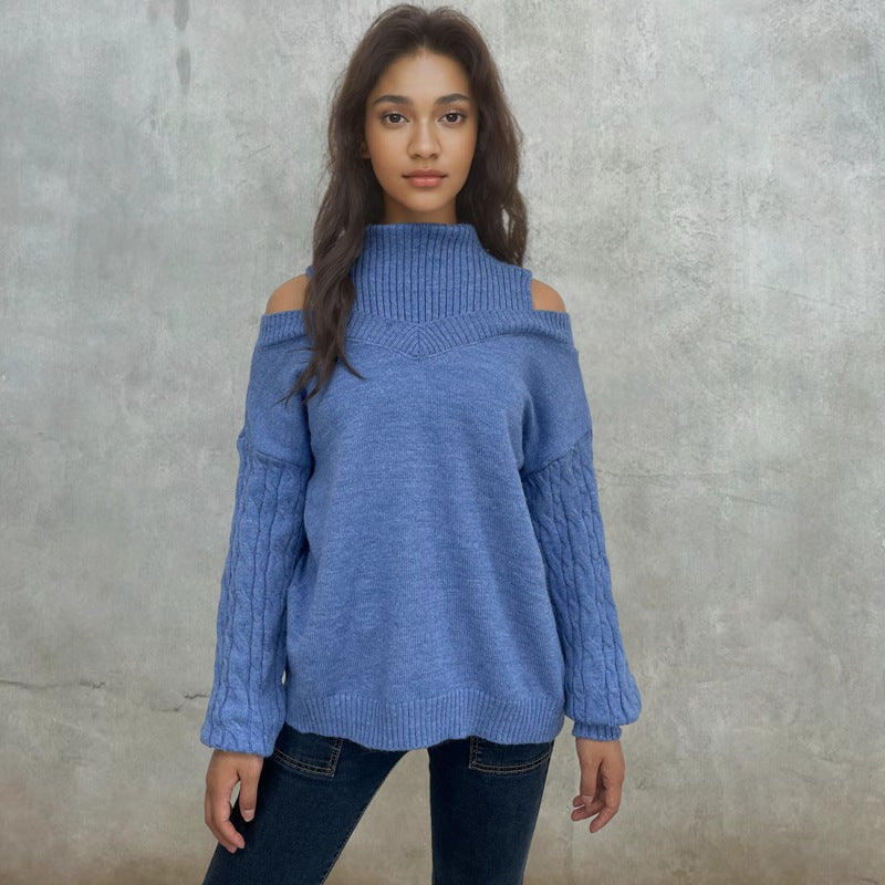Damen Pullover mit schulterfreien Ärmeln und Zopfmuster R&B