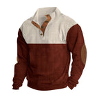 Herren nan gerippter Henley-Strickpullover mit Stehkragen Kontrastpasse und Ellbogenpatches R&B
