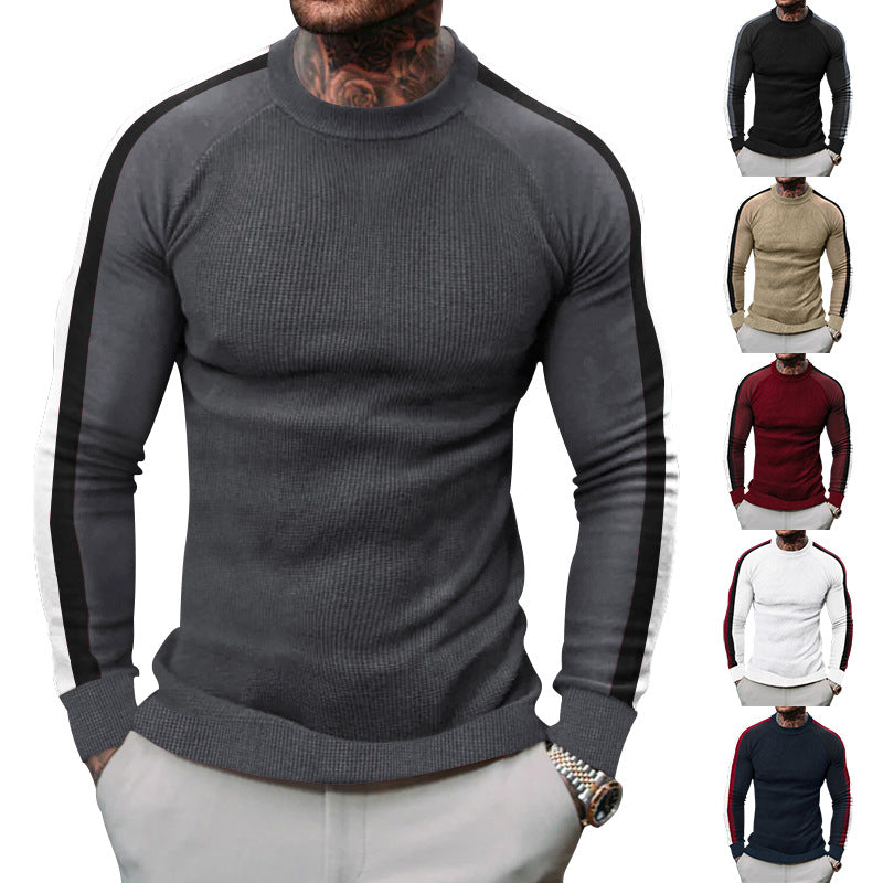 Herren sportlicher Strickpullover mit kontrastierenden Ärmeln und hohem Kragen