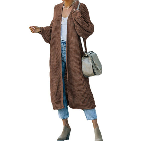 Damen Langer Strickmantel mit offener Front und lässigem Schnitt R&B