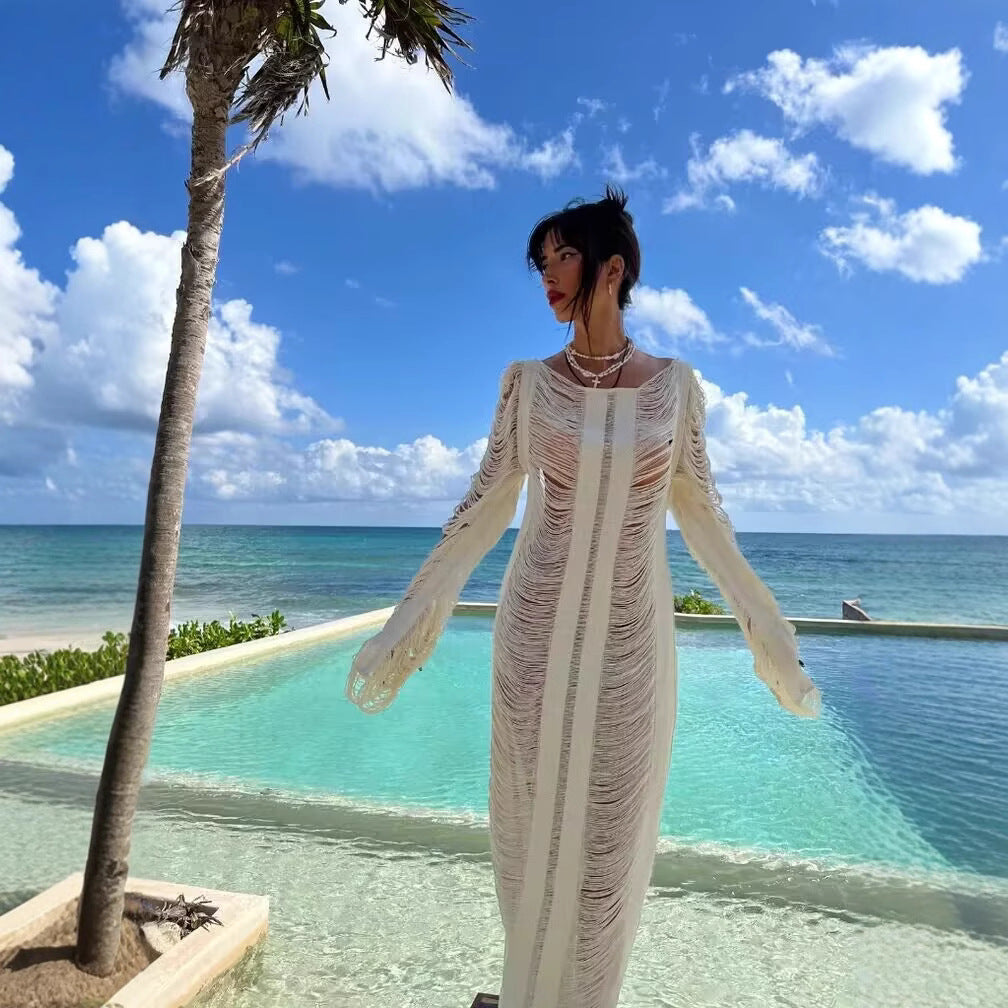 Damen elegantes Strandkleid mit raffinierten Fransen und transparenten Elementen R&B