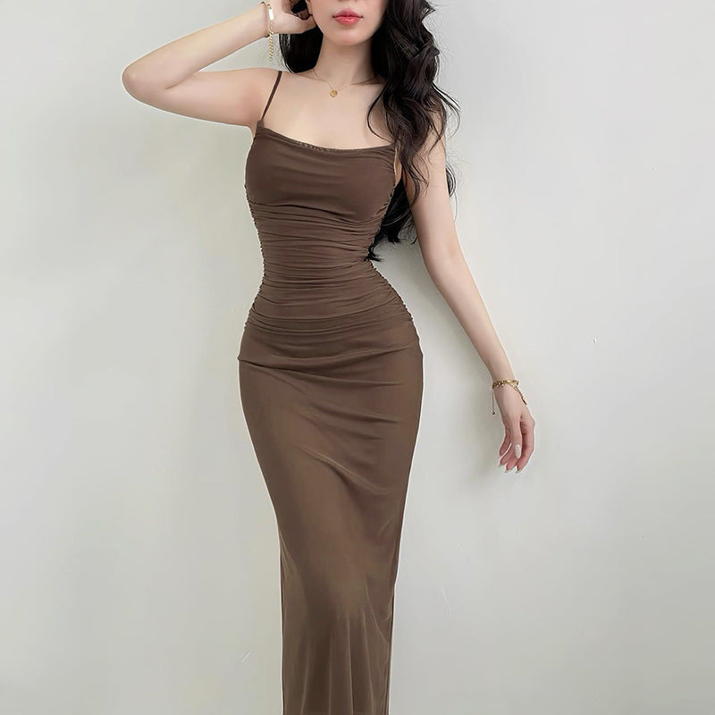 Damen elegantes Maxikleid mit raffinierten Rüschendetails und schmalen Spaghettiträgern R&B