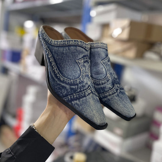 Damen nan Jeans-Slipper mit spitzer Zehenkappe, fransiger Kantenverarbeitung und mittelhohem Blockabsatz R&B