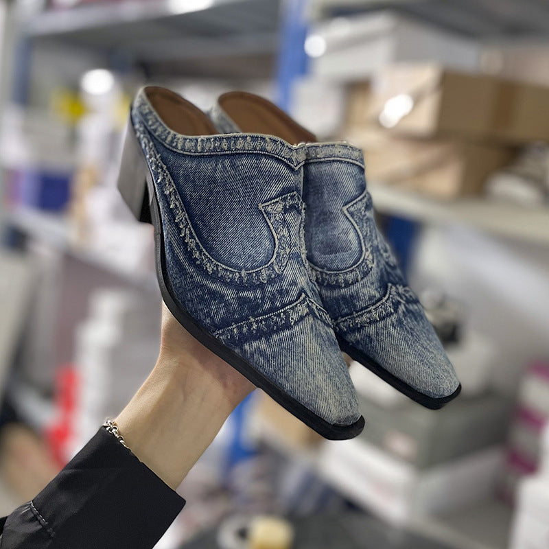 Damen stilvolle Jeans-Pantoletten mit spitzem Zehenbereich und Blockabsatz R&B