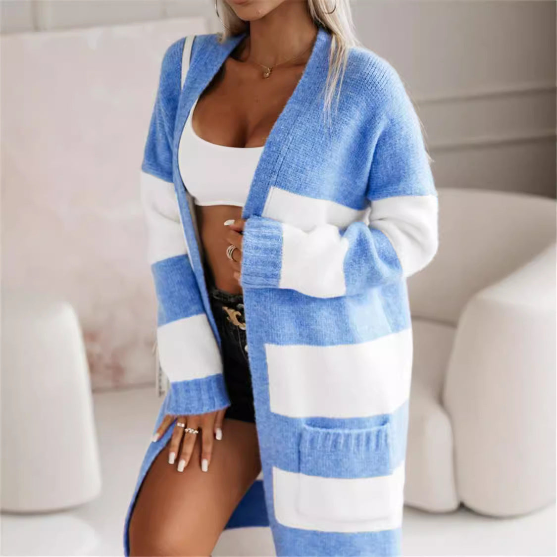 Damen lässiger Strickmantel mit großen Streifen R&B