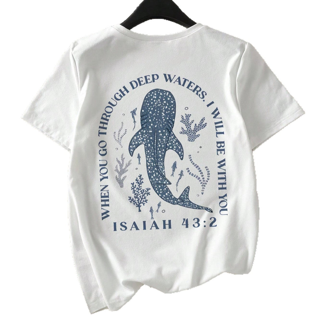 Damen T-Shirt mit kreativem Wahlspruch und kunstvollem Hai-Motiv R&B