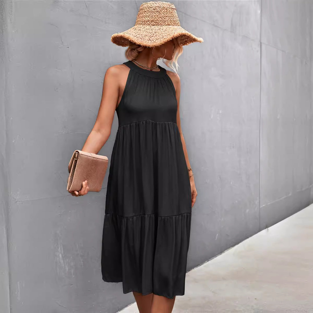 Damen luftiges Sommerkleid mit schwingendem Rock und hohem Hals R&B