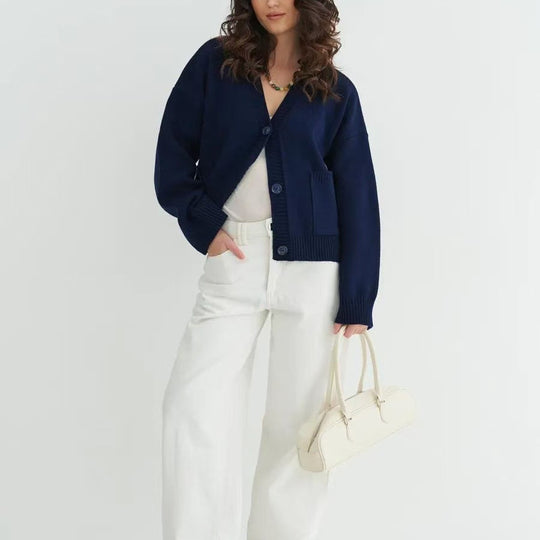 Damen Lässiger Strickcardigan mit gerippten Ärmeln und Rundhalsausschnitt R&B