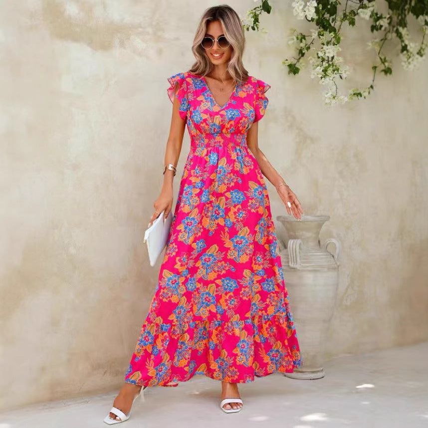 Damen Sommerliches Blumenmaxikleid mit Volantärmeln und elastischem Taillenbund R&B