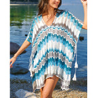 Damen lässiger Strandkimono im Wellenmuster mit offenen Ärmeln und seitlichen Schlitzen R&B