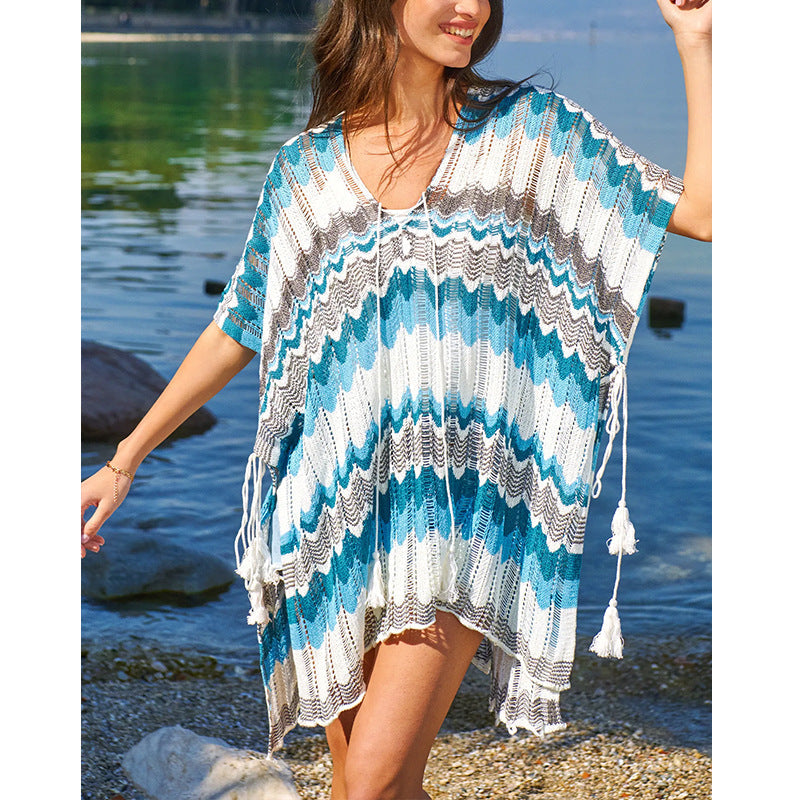 Damen lässiger Strandkimono im Wellenmuster mit offenen Ärmeln und seitlichen Schlitzen R&B