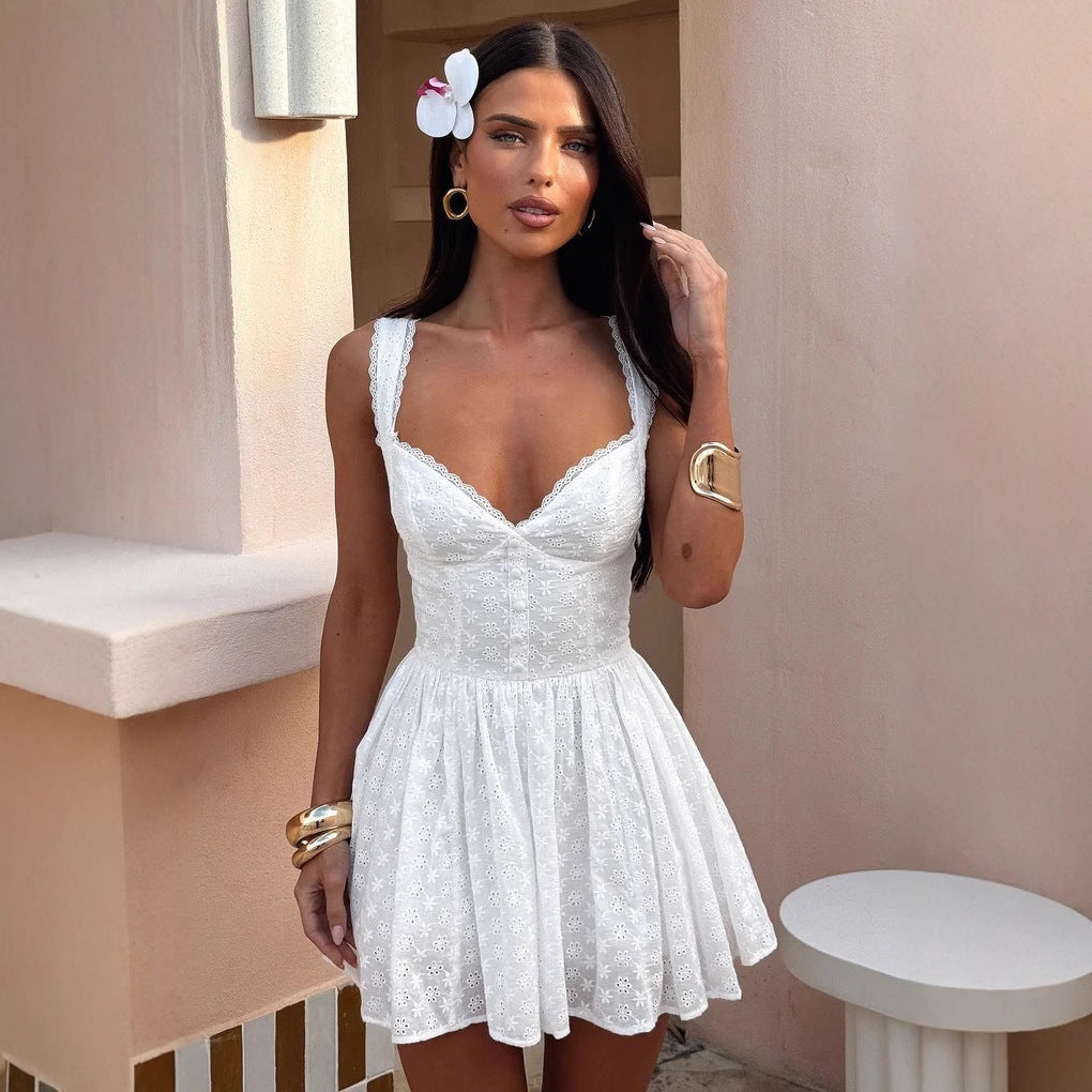 Damen Verspieltes Kurzkleid mit filigranem Spitzenmuster und elegantem V-Ausschnitt R&B