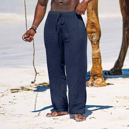 Herren lässige Strandhose aus leichtem Leinenstoff mit elastischem Bund und Kordelzug R&B