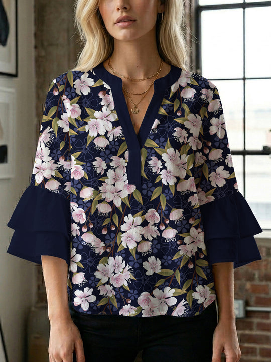 Damen Bluse mit voluminösen Ärmeln und floralem Design R&B