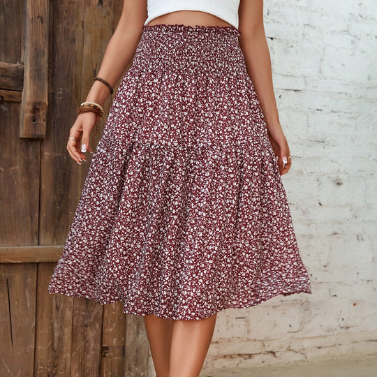 Damen Langer Rock mit floralem Print und elastischem Bund Heidi Mode