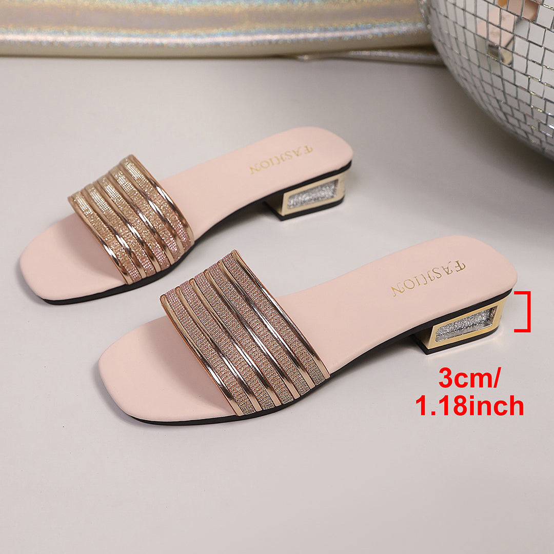 Damen elegante Pantoletten mit glitzerndem Riemen-Design und blockiertem Absatz R&B